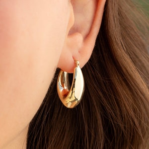 Gold Drop Hoop Earrings, 14K Gold Chunky V Shaped Earrings, Real Gold Dome Earrings, Teardrop Hoops, Shiny Geometric Statement Earrings