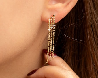 Long Chain Earrings in 14K Solid Gold, Dainty Dangle Chain Earrings, Yellow Gold Dangling Unique Design Earrings