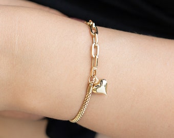 Heart Bracelet in 14k Yellow Gold | Love Heart Charm with Paperclip Chain | Gold Jewelry Gift for Women