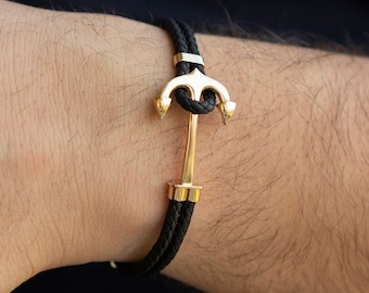 14K Men&#39;s Gold Anchor Bracelet, Black Rope Men Solid Gold Bracelet for Daily Use, Yellow Solid Gold Men Jewelry, Nautical Gold Jewelry
