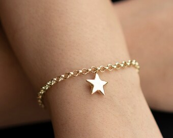 14k Real Gold Bracelet | Thick Rolo Chain, 3D Star Charm | Fine Jewelry in Celestial Puffy Star Minimalist Bracelet for Everyday Use