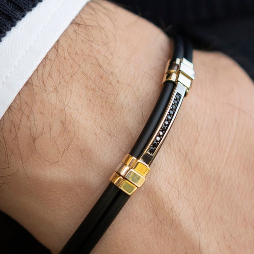 14K Real Gold and Black Ceramic Men's Bracelet 14k Solid Etsy