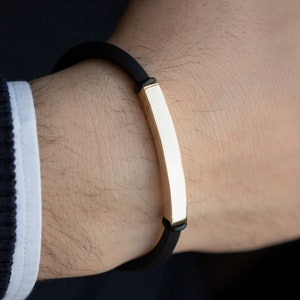 Personalized 14K Bar Bracelet for Men, Engraved Real Gold Bracelet, Black String Gold Bracelet for Man