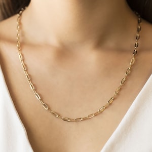 Collana con graffetta in oro da donna, lunghezza 50-55-60 cm, collana con graffetta in oro vero 14 carati, catena a strati con graffetta di medie o piccole dimensioni