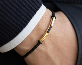 14K massief gouden herenarmband, zwart touw, minimalistische stijl