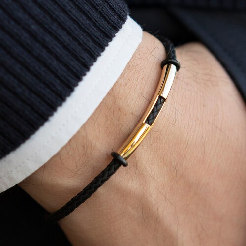 14K Real Gold Men's Gold Minimal Bracelet Black Rope Men Etsy