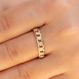 14K Solid Gold Chain Ring, Cuban Link Ring, Minimalist Stacking Ring, Curb Chain Layering Ring, Simple Gold Ring, Real Gold Everyday Jewelry