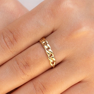 14K Yellow Gold Thin Cuban Ring, Real Gold Curb Link Chain Ring, Dainty Stackable Ring, Minimalist Link Band Ring, Half Eternity Chain Ring