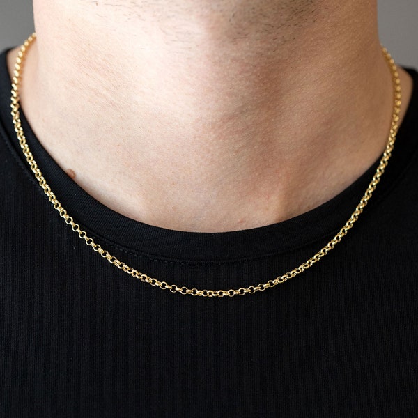 14K Gold Rolo Cable Chain, Men Gold Chain, Real 14k Gold Chain Necklace, Thickness:2mm 2.50mm 3mm, Unisex Yellow Gold Chain, Layering Chain