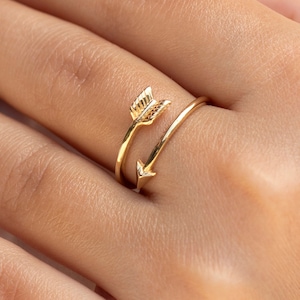 14K Solid Gold Arrow Ring, Stackable Dainty Ring, Twist Double Wrap Ring, Yellow Gold Ring Band, Stacking Layering Jewelry, Anniversary Gift