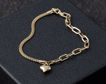 14K Gold Heart Bracelet, Solid Gold Heart Bracelet, Paperclip Chain With Heart Charm, 9mm Thick