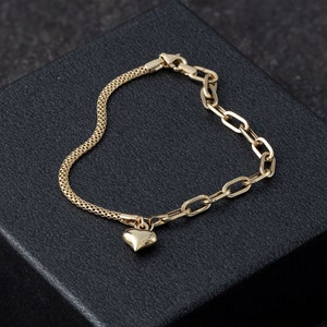 14K Gold Heart Bracelet, Solid Gold Heart Bracelet, Paperclip Chain With Heart Charm, 9mm Thick