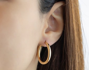 14K Yellow Gold Hoop Earrings, Sizes 16mm 21mm 26mm 31mm 37mm, 3mm Thick, Classic Hoop Earrings, 14K Gold Hoops, Gift, Stacking Earrings