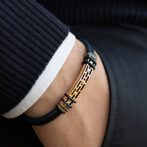 Men&#39;s Two Tone Cord 14k Solid Gold Bracelet, Men&#39;s Bracelet with Black and Blue Cord, Blue Black Belt Gold Men&#39;s Bracelet