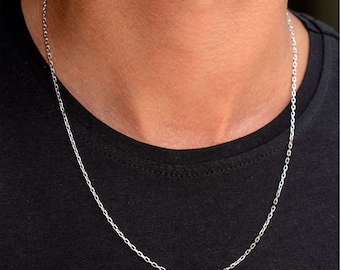 Solid 14K White Gold Cable Chain Necklace, Men's Lobster Clasp, 50cm/60cm Length