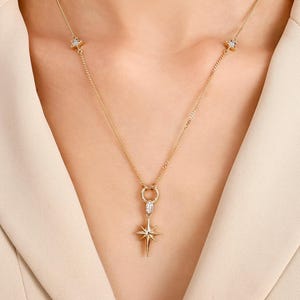 14K Solid Gold Nordstern Halskette, Echt Gold himmlisch & Polarstern Charm Halskette, Gelbgold Stern Halskette, Schmuck im nordischen Stil