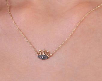 14K Solid Gold Evil Eye Necklace, Yellow Gold Dainty CZ Necklace For Women, Protection Eye Necklace, Minimalist Good Luck Pendant Necklace
