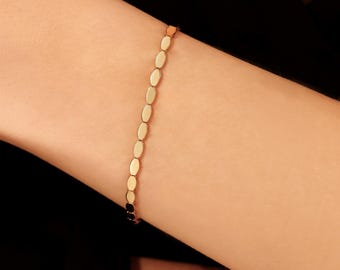 14K Yellow Gold Flat Oval Disc Link Bracelet, Mirror Link Bracelet, Real Gold Unisex Minimalist Bracelet, Everyday Wear Layering Bracelet