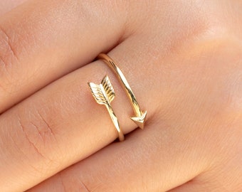 14K Solid Gold Pfeil Ring, Stapelbarer zierlicher Ring, Twist Double Wrap Ring, Gelbgold Ringband, Stapelbarer Layering Schmuck, Jubiläumsgeschenk