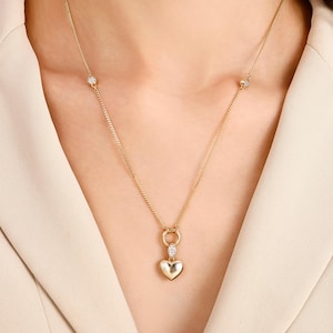 14K Yellow Gold Heart Necklace, Solid Gold Love Heart Charm Necklace, Minimalist Shiny Puffy Heart Pendant, Gift for her, Real Gold Gift