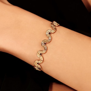 14K Yellow Gold Wavy Bracelet, Chunky Gold Bracelet, Elegant Jewelry For Women, Snake Shaped Thick Bracelet, Real Gold Statement Jewelry
