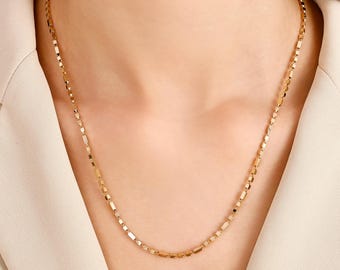 14K Gold Diamond Cut Bar Link Chain, 14K Yellow Gold Geometric Statement Chain Necklace, Gold Faceted Bead Chain, Modern And Elegant Jewelry