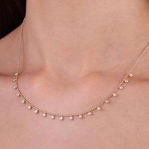 14K Solid Gold Bezel Set CZ Necklace, Yellow Gold Wedding Jewelry, Gold Cz Station Chain Necklace, Everyday Minimalist Gold Necklace