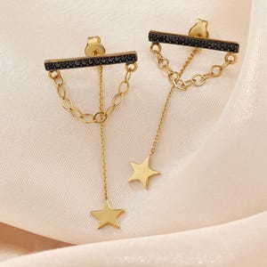 14K Yellow Gold Dangling Star Earrings, 14K Solid Gold Chain Stud Earrings, Minimalist CZ Statement Earrings, Real Gold Push Back Studs