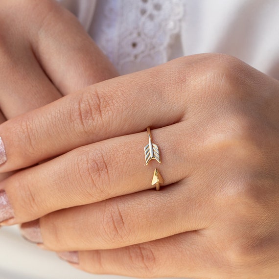 14K Solid Gold Arrow Ring, Gold Bow Arrow Ring, Adjustable  display picture 1