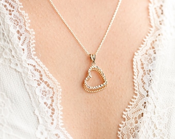 14K Gold Heart Necklace, 3D Open Heart Pendant, 14K Gold Cable Chain, Minimalist Jewelry, Gift for Girlfriend, Everyday Jewelry
