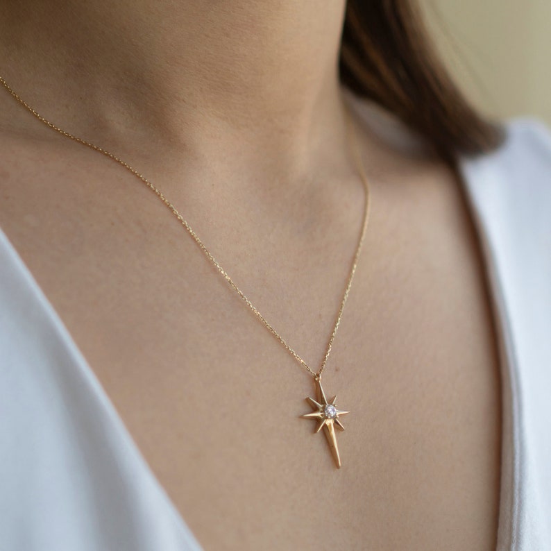 14k Solid Gold Pole Star Necklace, North Star Necklace, Real Gold Star Necklace, Birthday Gift, Anniversary Gift, Gift For Girlfriend image 1
