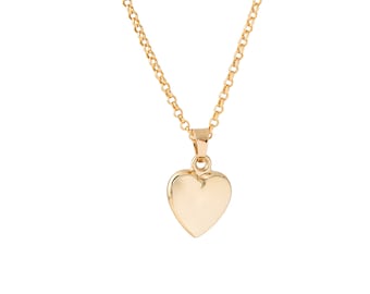 14k Gold 3D Heart Necklace, Puffy Heart Pendant with Rolo Chain, Everyday Necklace, 14kt Real Gold Love Pendant, Gift for Girlfriend