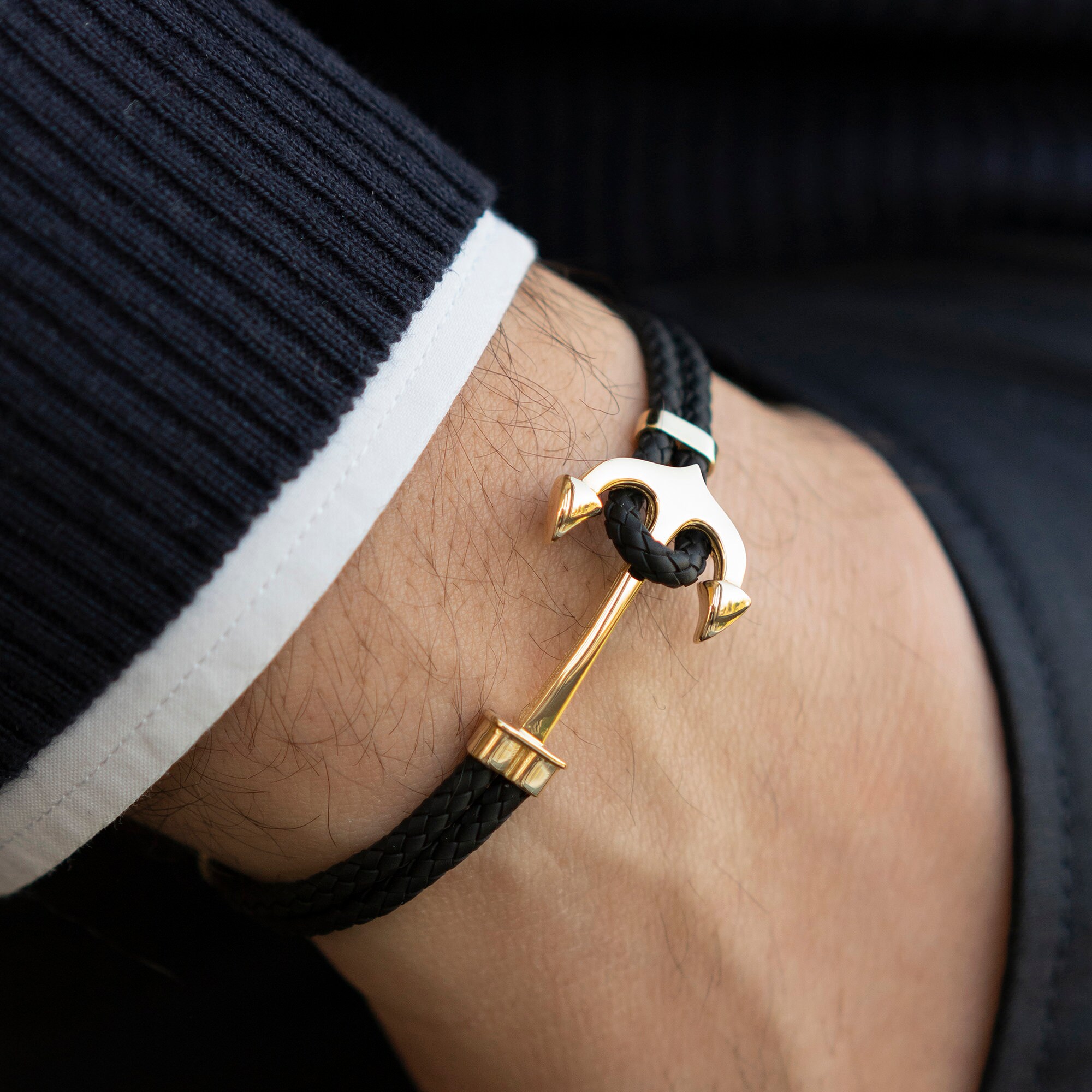 14K Men s Gold Anchor Bracelet Black Rope Men Solid Gold Etsy 14k-men-s-gold-anchor-bracelet-black-rope-men-solid-gold-etsy