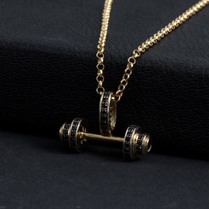 14 kt echt gouden hanger met lange halter, fitness-sieraden, atleetcadeau afbeelding 3