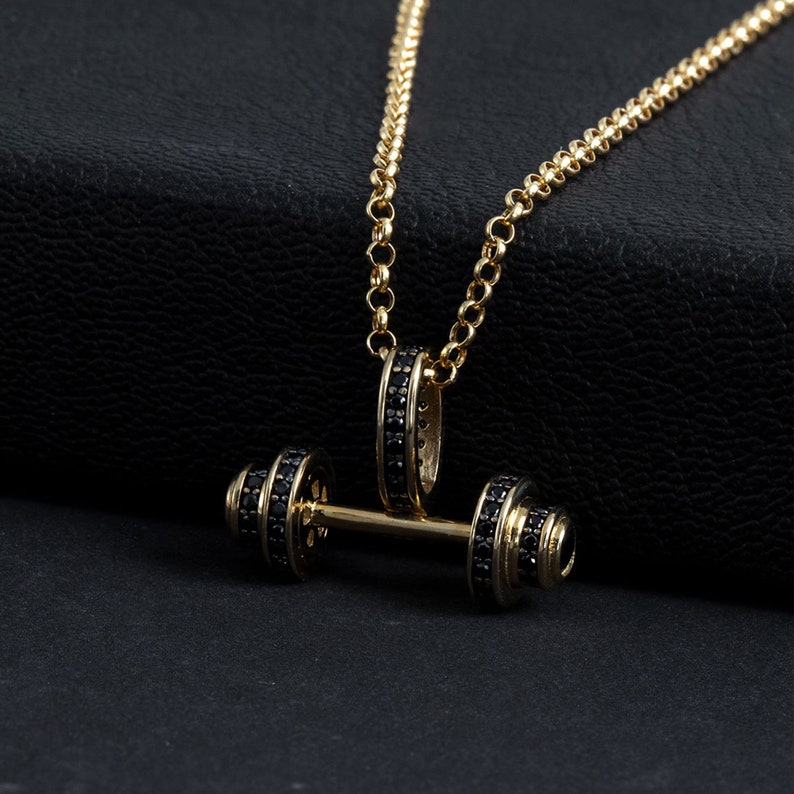14 kt echt gouden hanger met lange halter, fitness-sieraden, atleetcadeau afbeelding 3