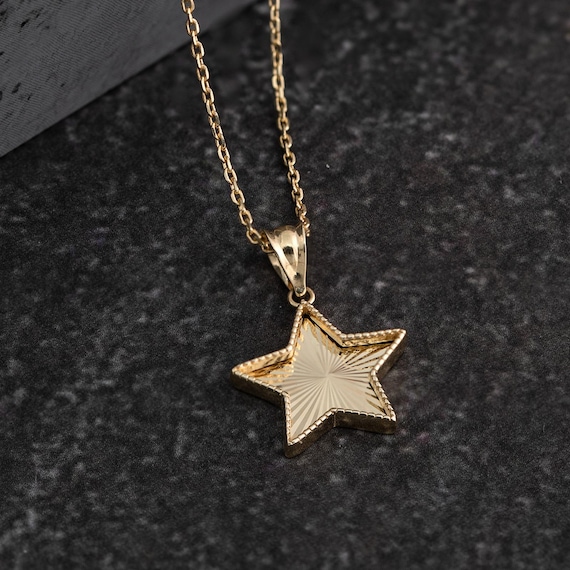14K Yellow Gold Necklace, Shiny Star Gold Necklace, Solid Gold Necklace, Star Retro Pendant, Sunburst Celestial Jewelry for Women