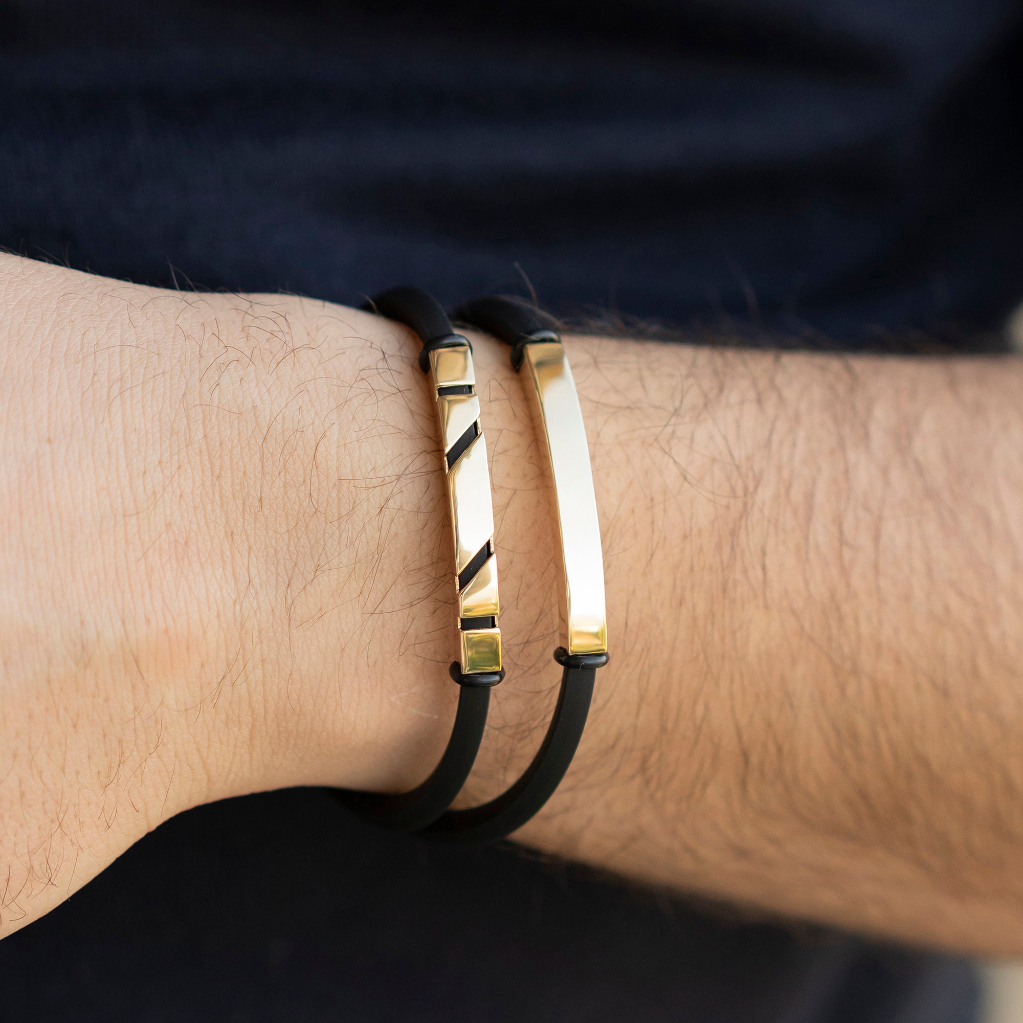 14K Men's Real Gold Name Bracelet Solid Gold Black Etsy