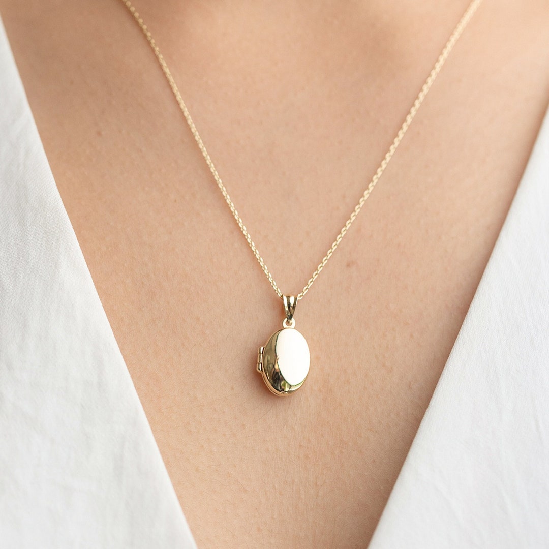 14k Yellow Gold Oval Mini Locket, 14K Solid Gold Oval Locket Pendant