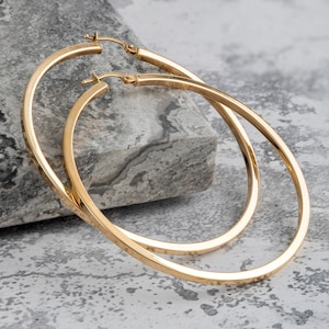 14K Gold Big Round Hoops, Yellow Gold Large Earrings, Real Gold Large Hoops, Big Hoop Earrings for Women, Classic Shiny Hoops, 55mm Hoops