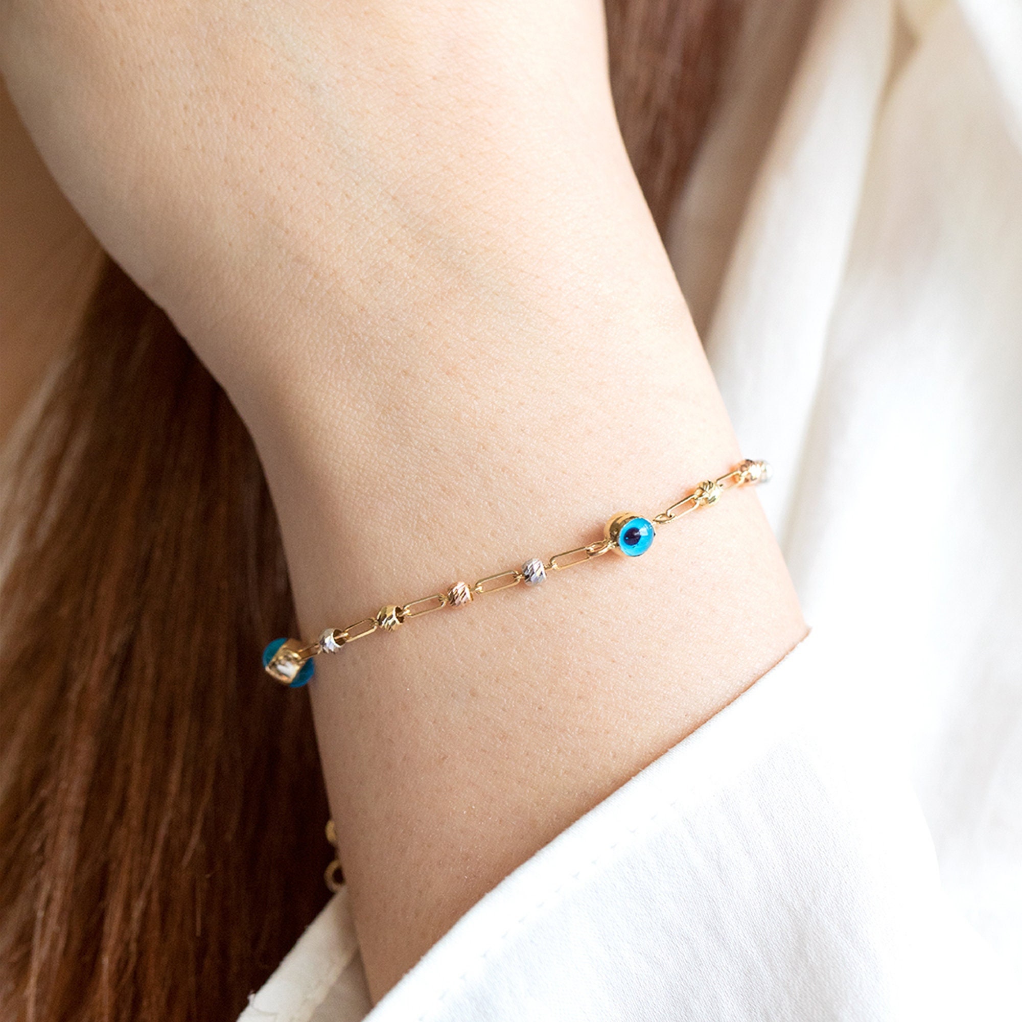 HANLI Bracciale Donna Oro 14K Placcato Con Malocchio – Catena Intrecciata Regolabile Con Diamanti - 5