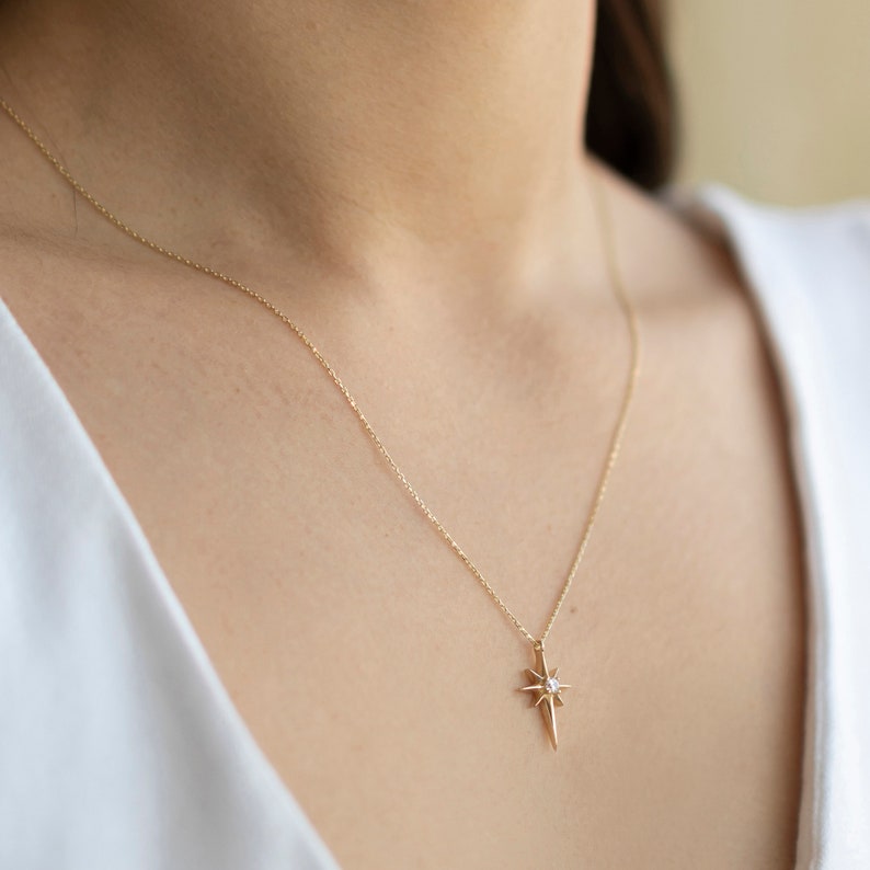 14k Solid Gold Pole Star Necklace, North Star Necklace, Real Gold Star Necklace, Birthday Gift, Anniversary Gift, Gift For Girlfriend image 3