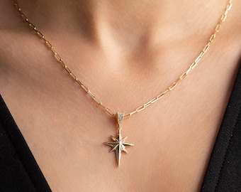 14K Gelbgold Nordstern Halskette, 14K Gold Anhänger mit Büroklammer Kette, Geschenk für sie, Weihnachtsgeschenk, Massiv Gold Nordstern Anhänger