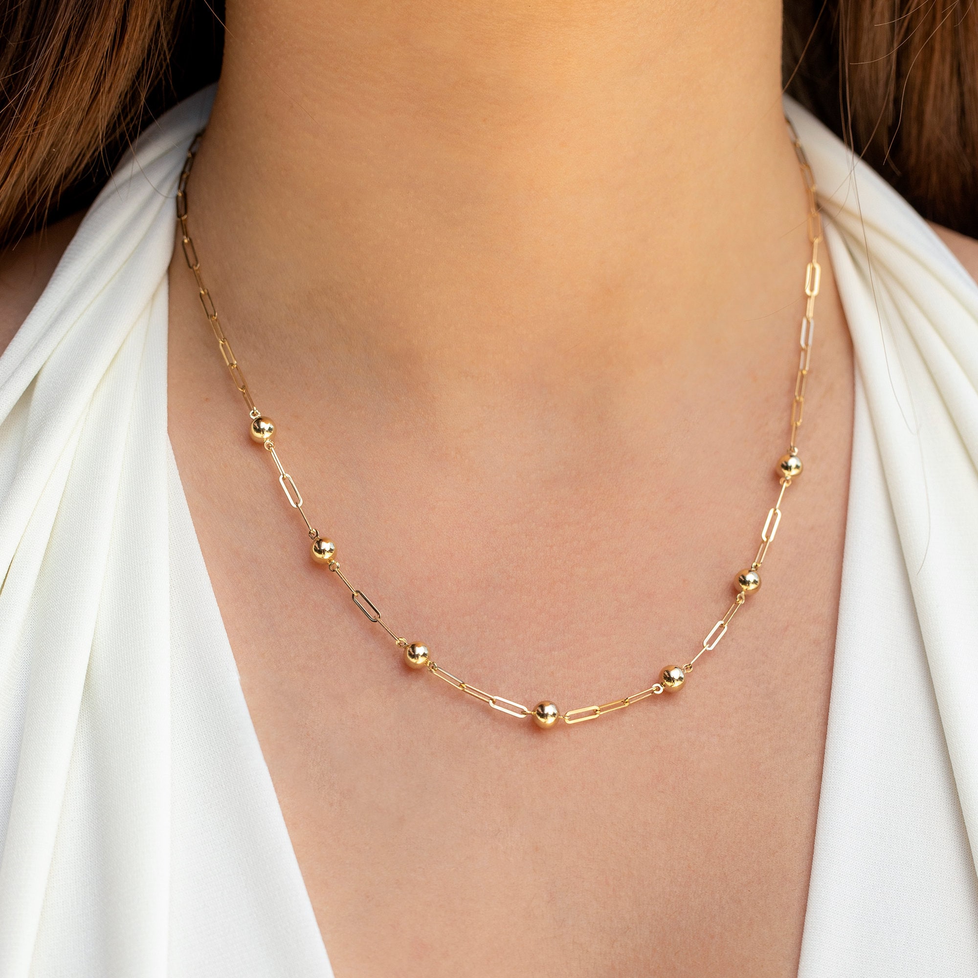 14K Solid Gold Bead Station Chain Necklace, Real Gold Paperclip