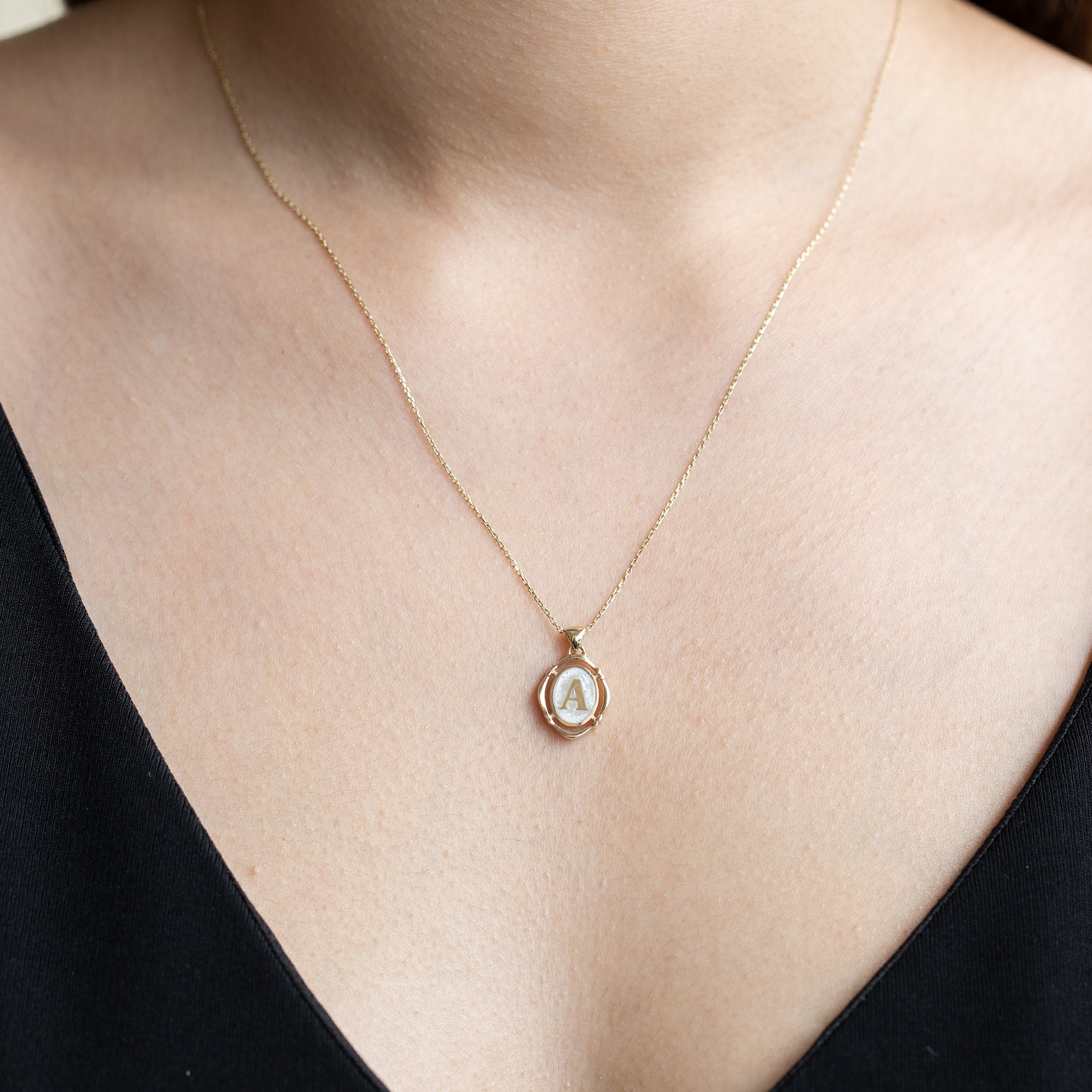 14k Gold Enamel Letter Necklace / Handmade Pearl Color Enamel Etsy UK