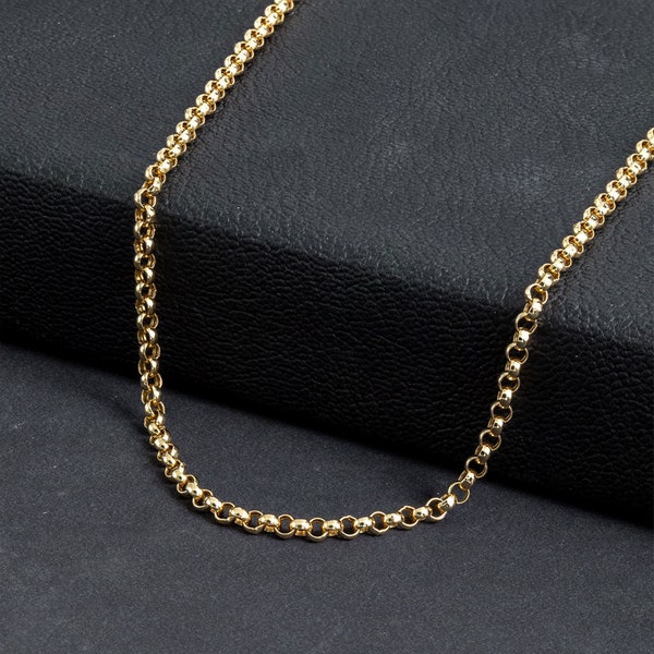 Cadena de cable Rolo de oro sólido de 14K, cadena de oro para hombres, collar de cadena de cable de oro real de 14k, espesor: 2 mm 2,50 mm 3 mm, 50 cm (20 inc) 60 cm (24 inc)