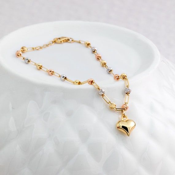 Stunning 7-Inch 10K Tri-Color Gold Plated Sterling Silver Hearts & Kisses Bracelet