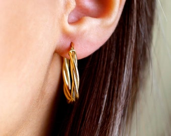 14K Solid Gold Hoop Twist Earrings, Simple And Attractive Everyday Earrings, Gift For Her, 25mm Hoop Earrings
