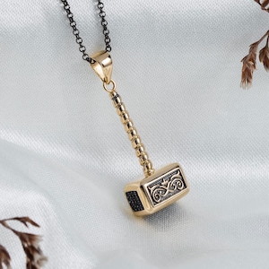 14k Solid Yellow Gold THOR&#39;S HAMMER, Mjolnir, Mjollnir, Trinity, Viking, Double Sided Ethnic Men Jewelry, Gift for Him