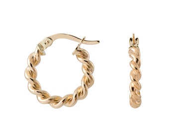 14K Gold Twist Hoop Earrings, Unique Hoop Earring, Gold Twist Huggies, Real Gold Jewellery, Rope Chain Hoop Earrings 15mm