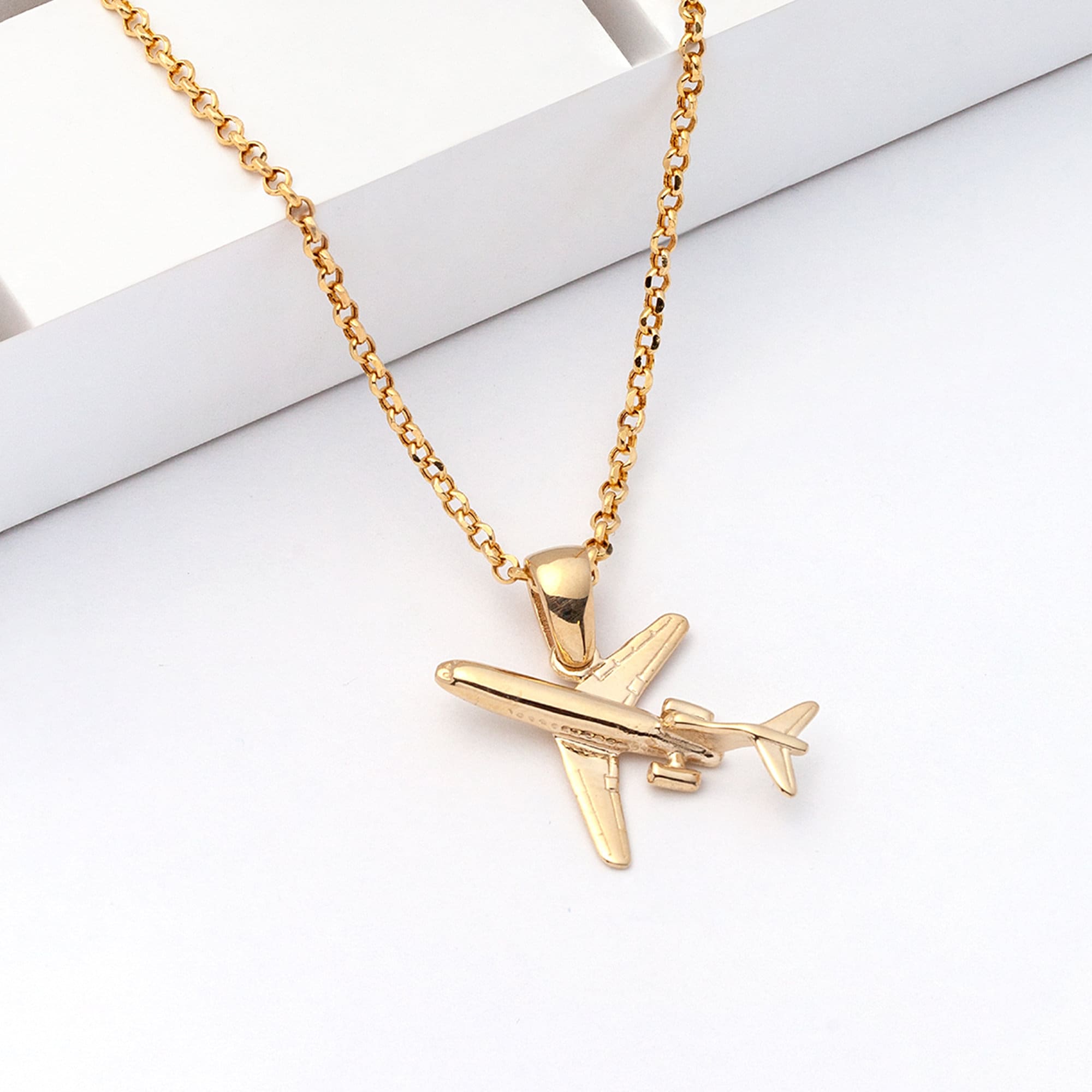 Airplane Man Necklace 14K Solid Gold Gift for Pilot Boeing 